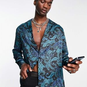 ASOS Design Satin Paisley Button-Up Shirt